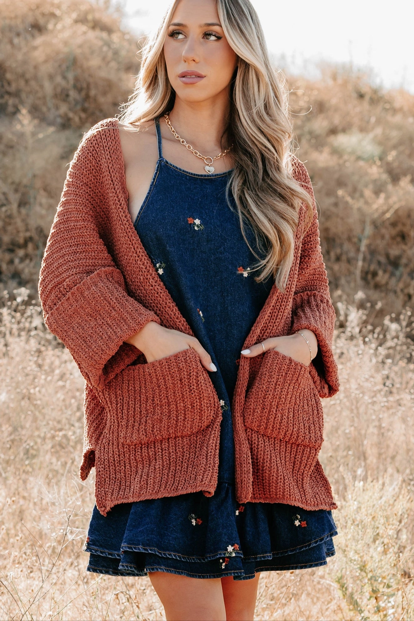 Quiet Times Cuffed Sleeve POL Cardigan (Brick) Cold Ready Look