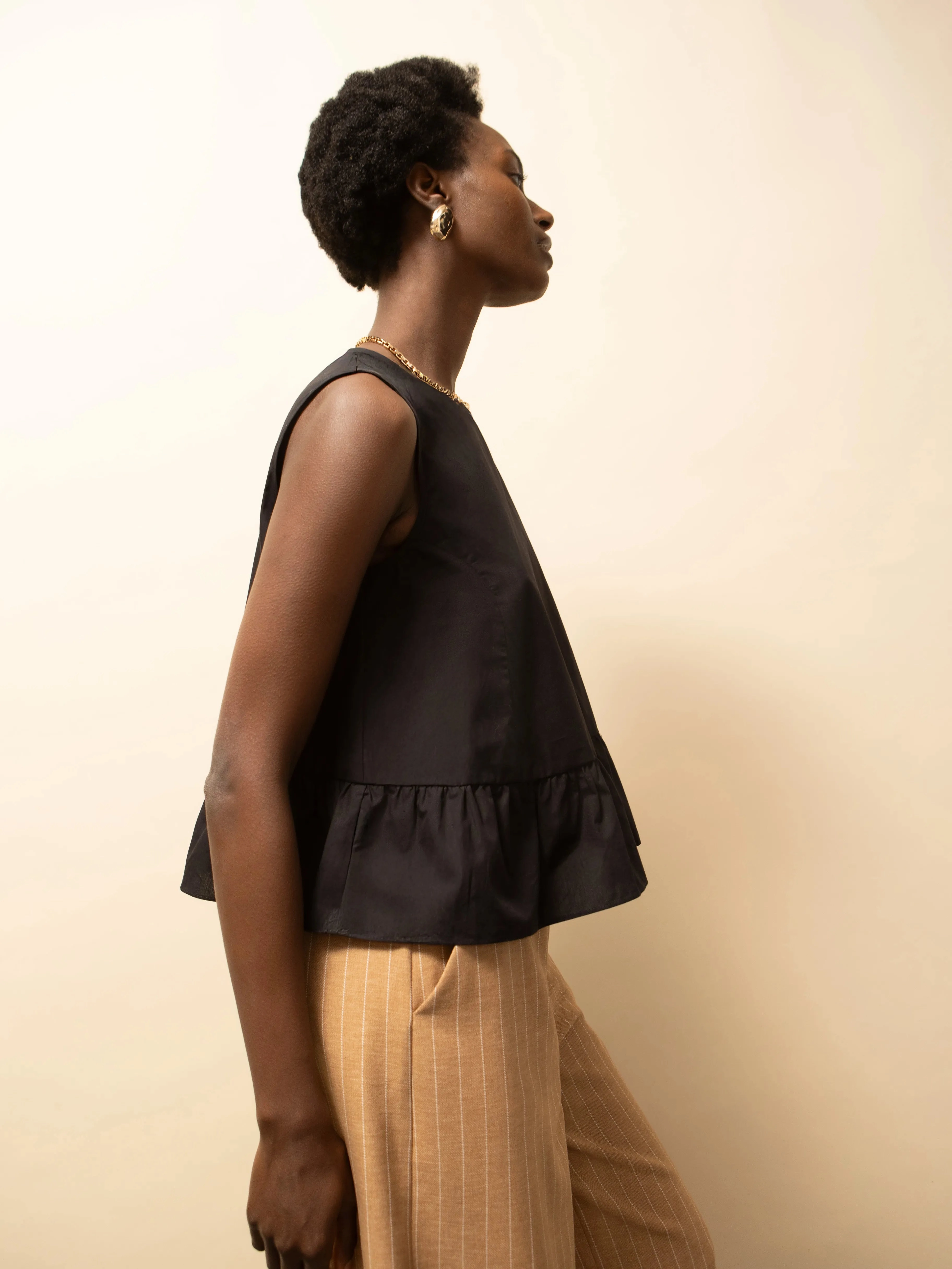 Sporty Blouse Black Frill Hem Cotton Top