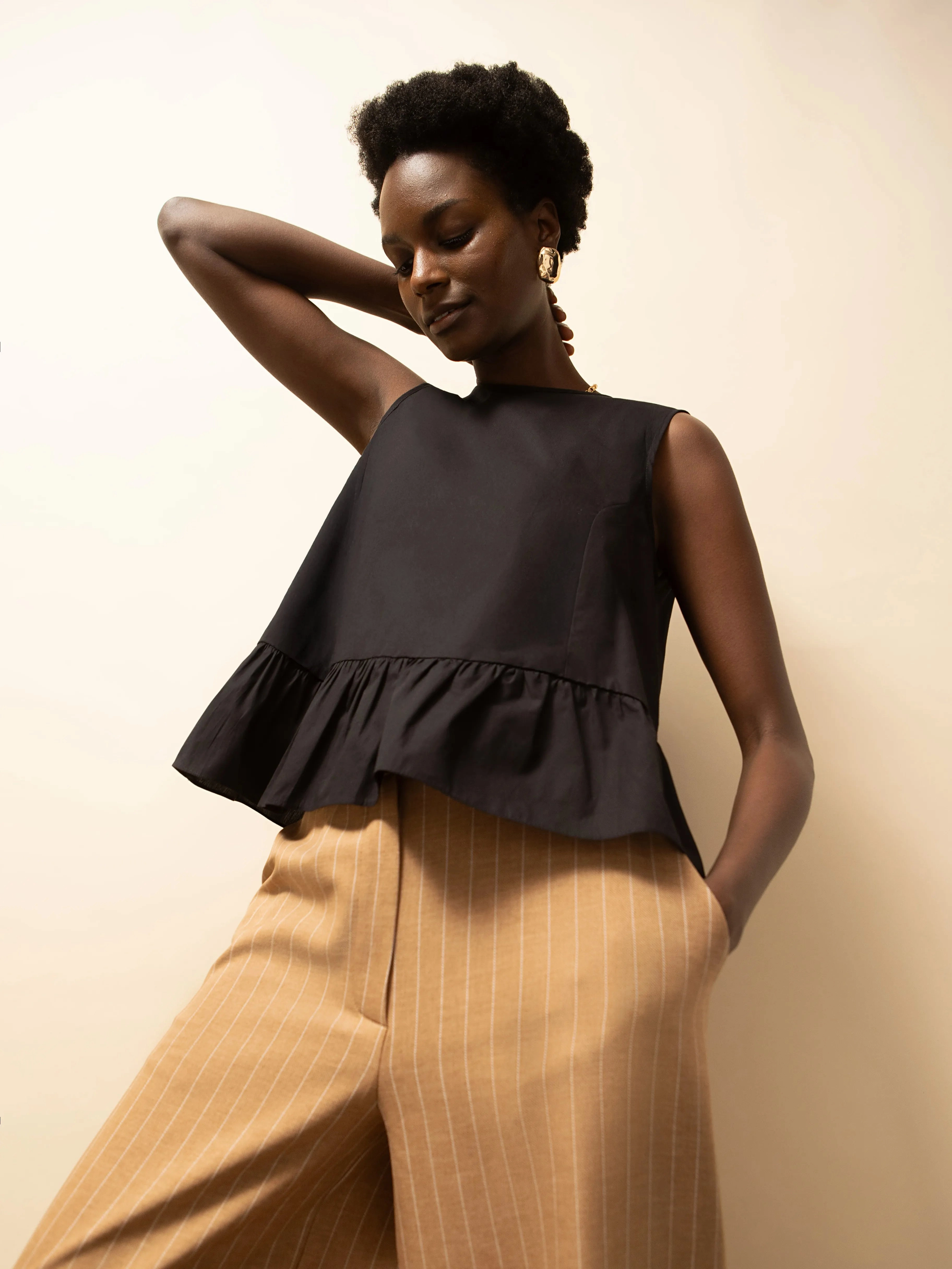 Multi Way Adjustable Fit AntiBacterial Coating Black Frill Hem Cotton Top