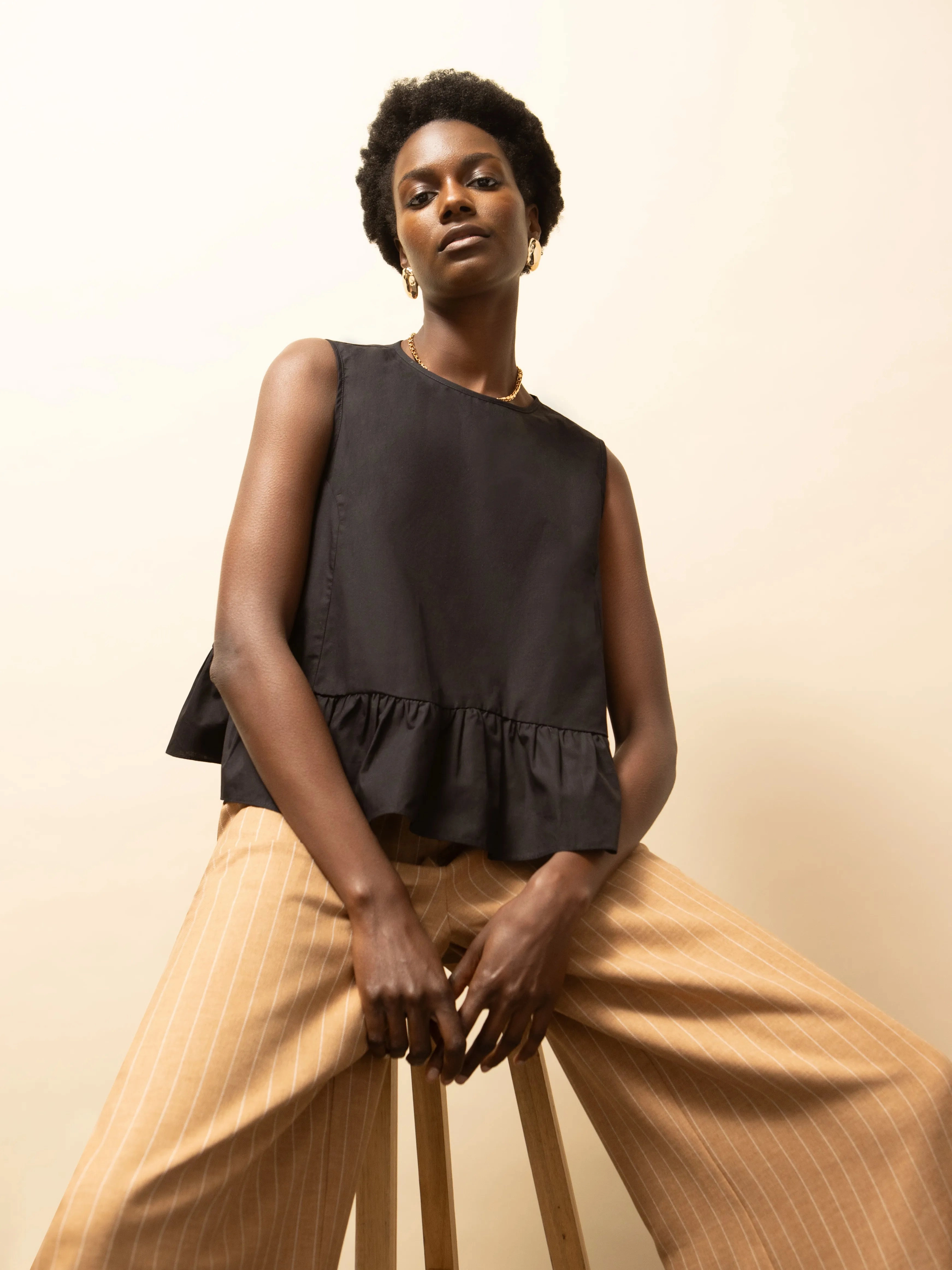 Black Frill Hem Cotton Top Double Stitched Hems