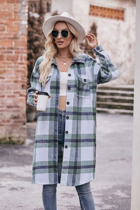 WOMEN CASUAL FLANNEL PLAID LONG BUTTON UP COAT Slim fit clothing