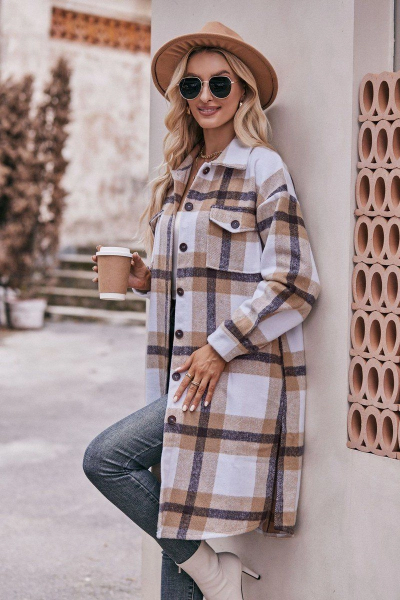 WOMEN CASUAL FLANNEL PLAID LONG BUTTON UP COAT Water Resistant