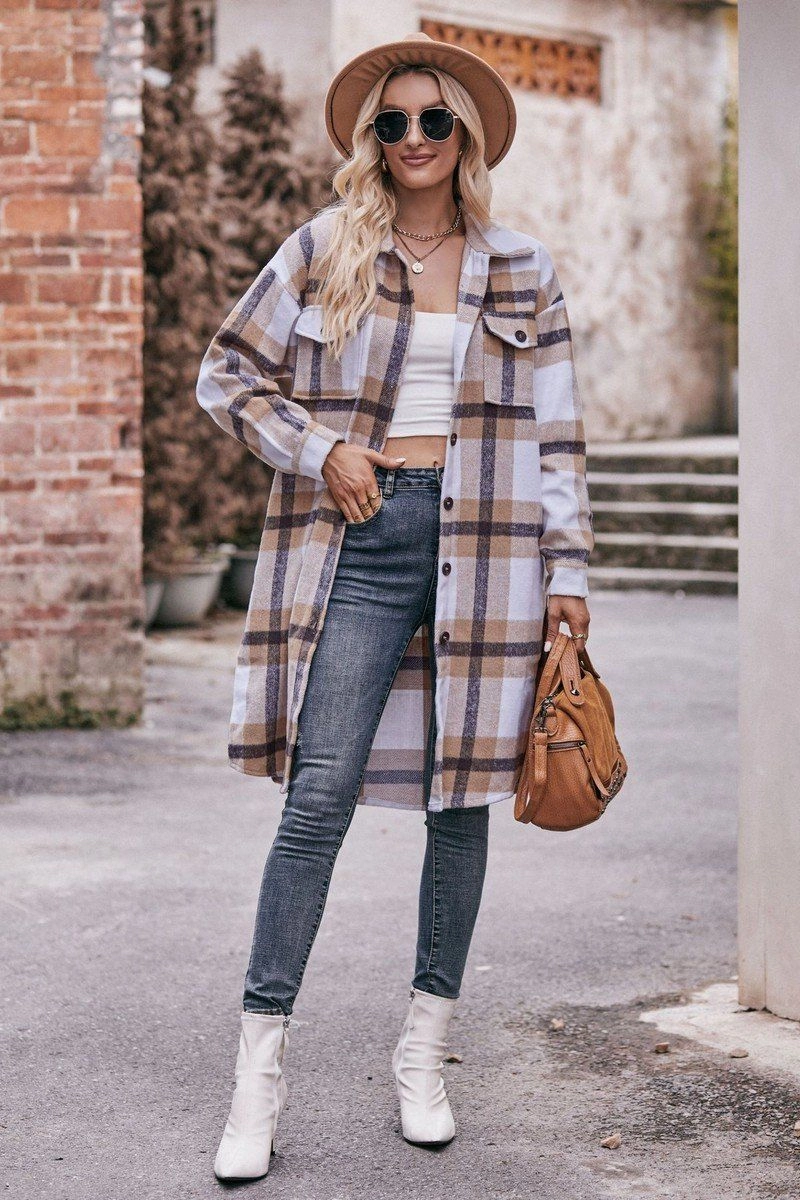 Reversible Layering Tech WOMEN CASUAL FLANNEL PLAID LONG BUTTON UP COAT