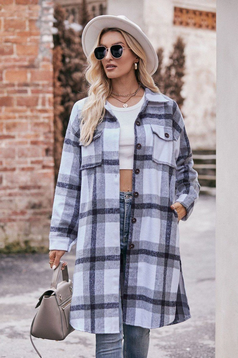 WOMEN CASUAL FLANNEL PLAID LONG BUTTON UP COAT Active Utility