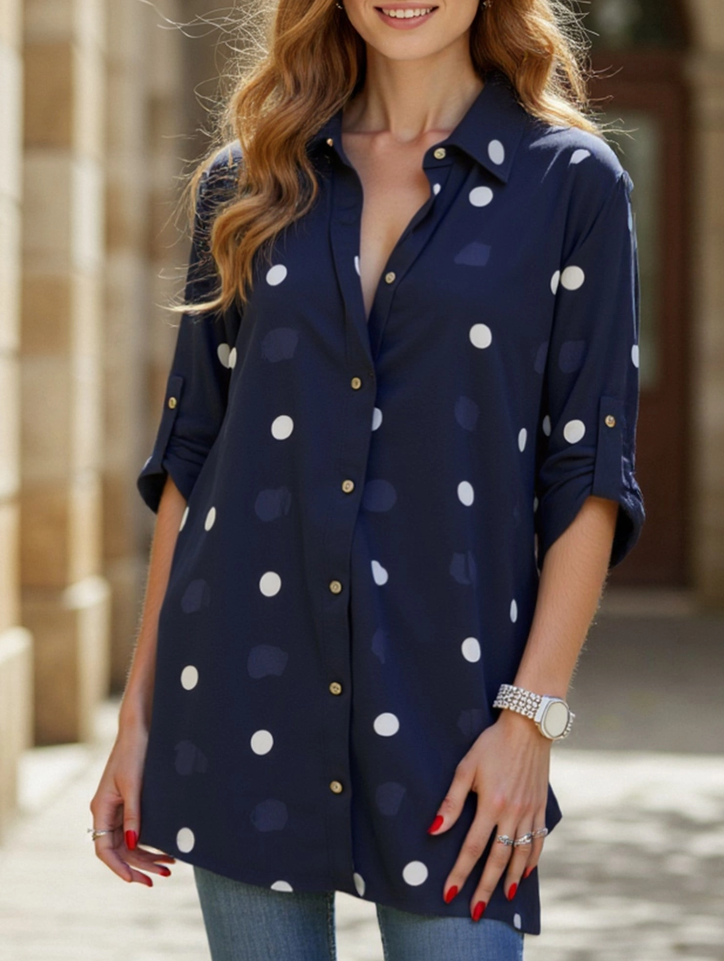LowMaintenanceFabric LayeredDurability Simple lapel long-sleeved polka dot shirt