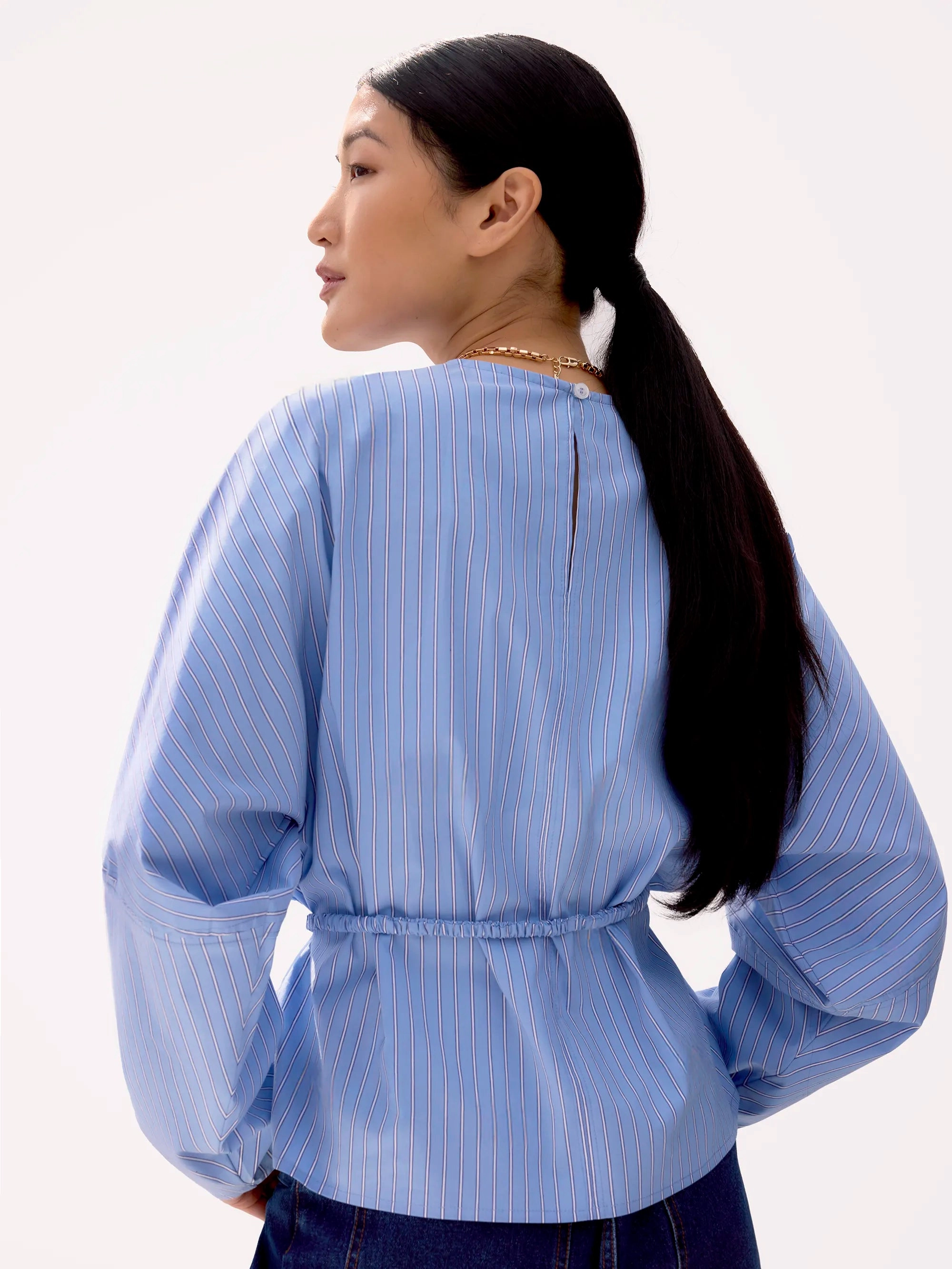 Breathable Hoodie Chic Sweater Blue Stripe Tie Waist Blouse