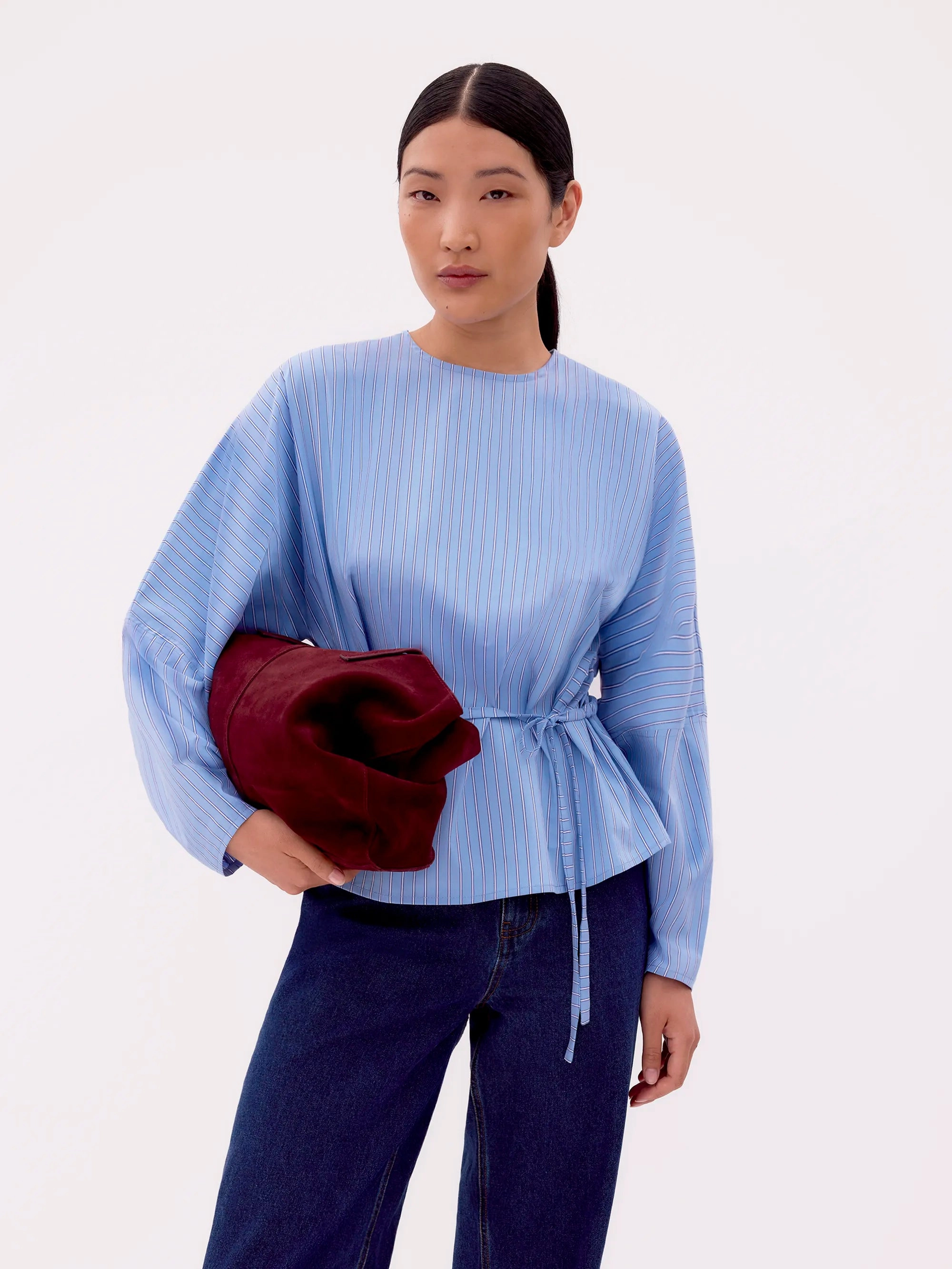 MoistureControl Blue Stripe Tie Waist Blouse