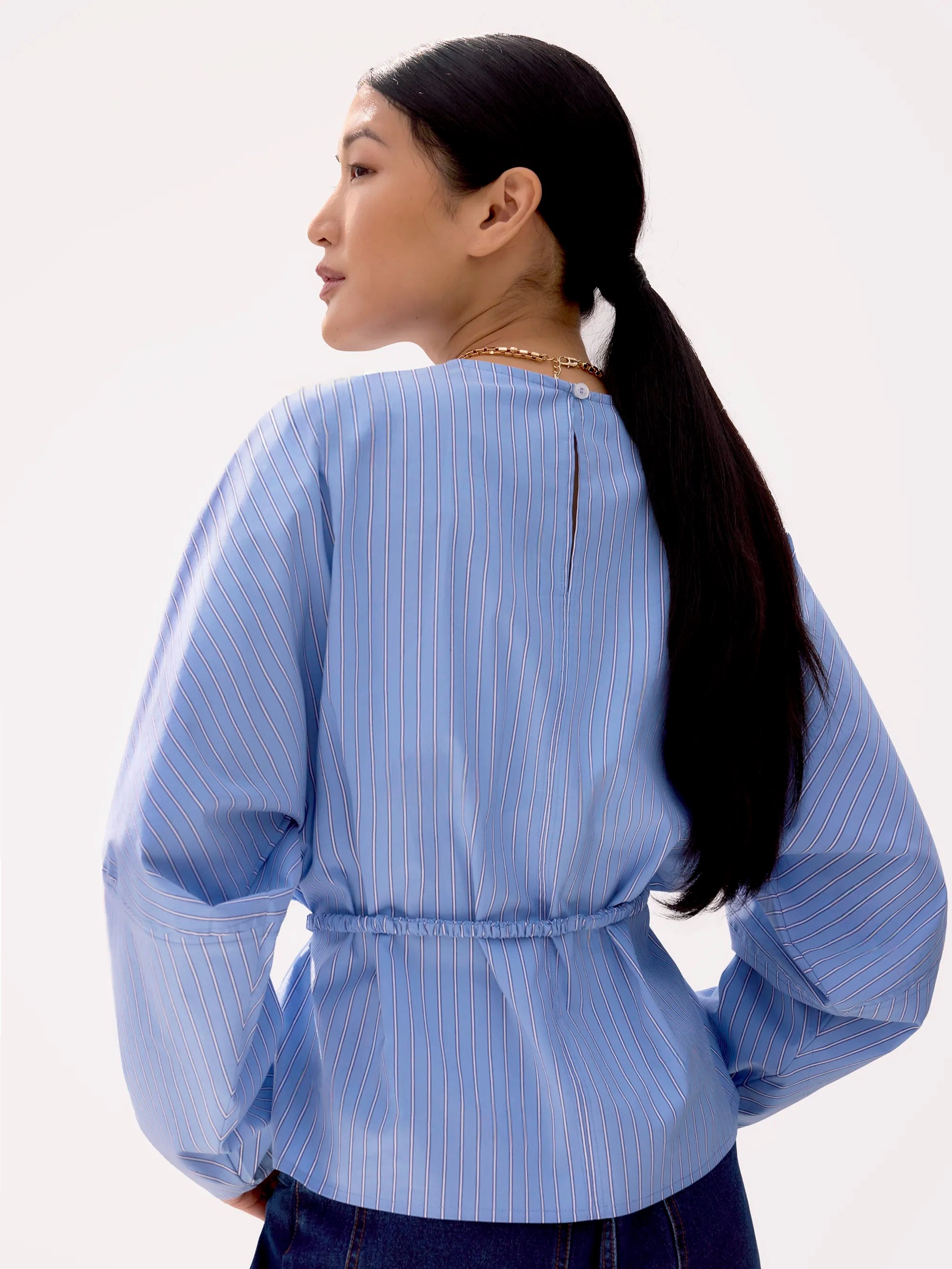 Blue Stripe Tie Waist Blouse Loose Sweater