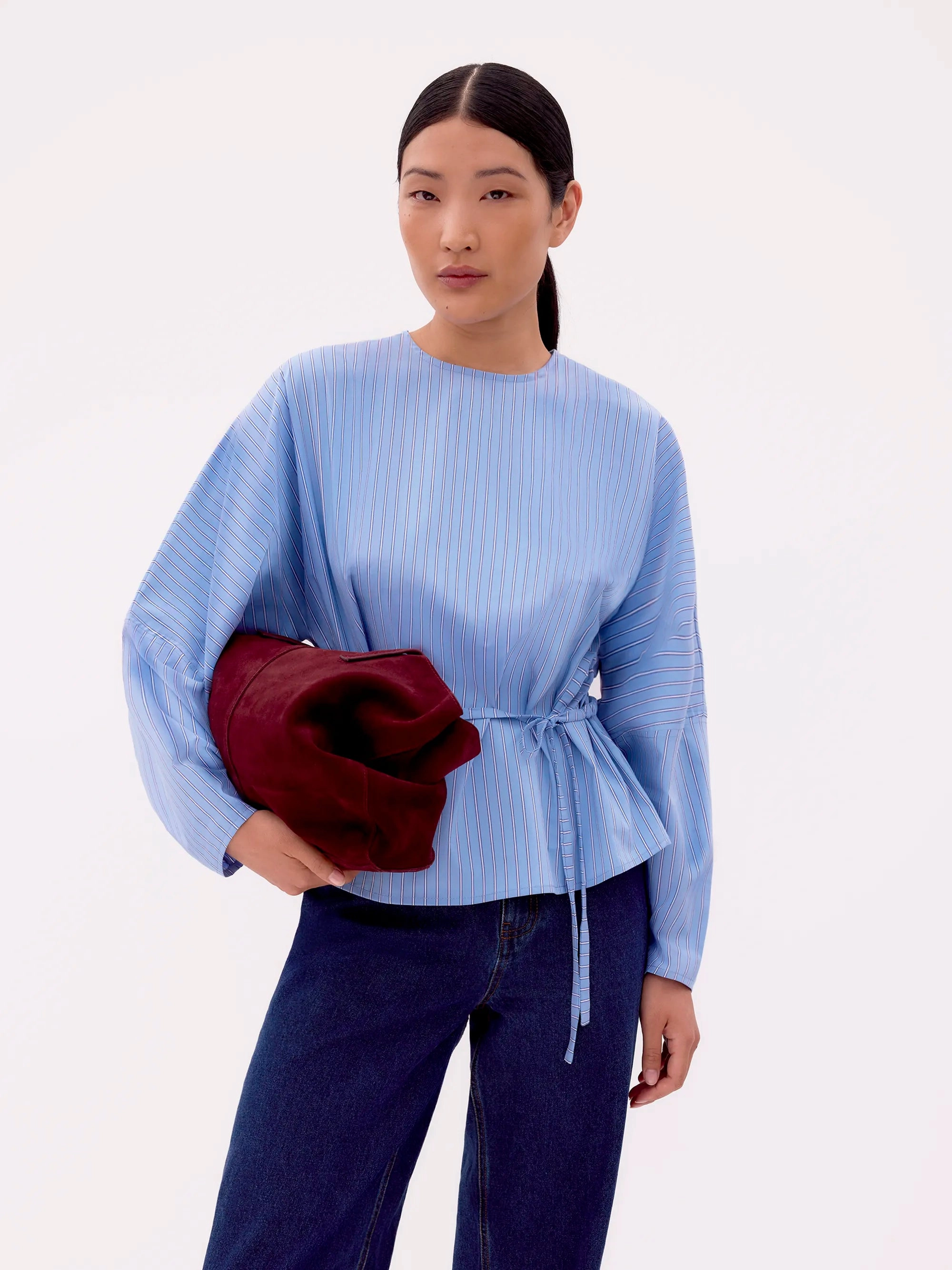 Blue Stripe Tie Waist Blouse Lightweight Thermal AllPurposeWear