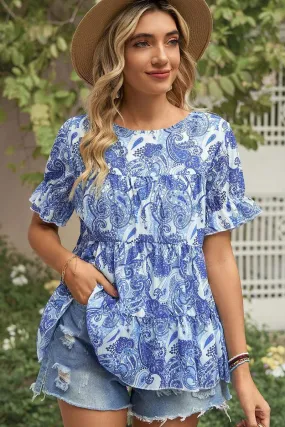 PATTERNED LOUND NECK CAKE CHIFFON TOP Weighted Hem