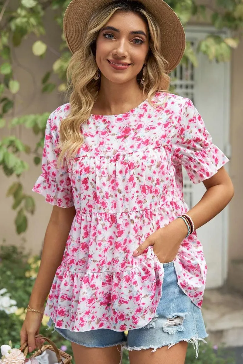 Versatile Outfit Abrasion Resistant Fabric PATTERNED LOUND NECK CAKE CHIFFON TOP