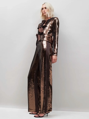 Brown Sequin Satin Contrast Trousers FlexibleLayeredConstruction