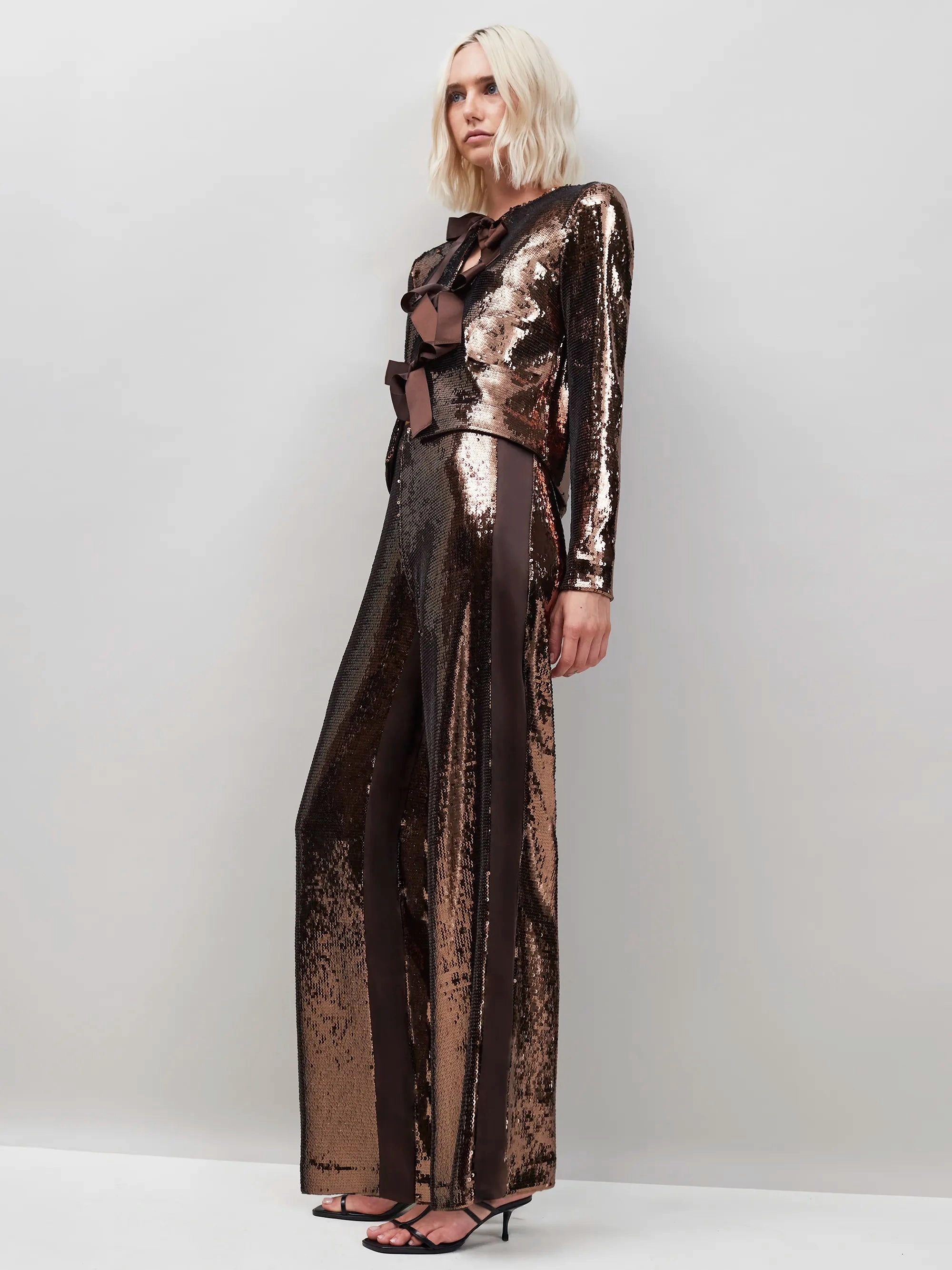 Brown Sequin Satin Contrast Trousers Sun Protective Fabric