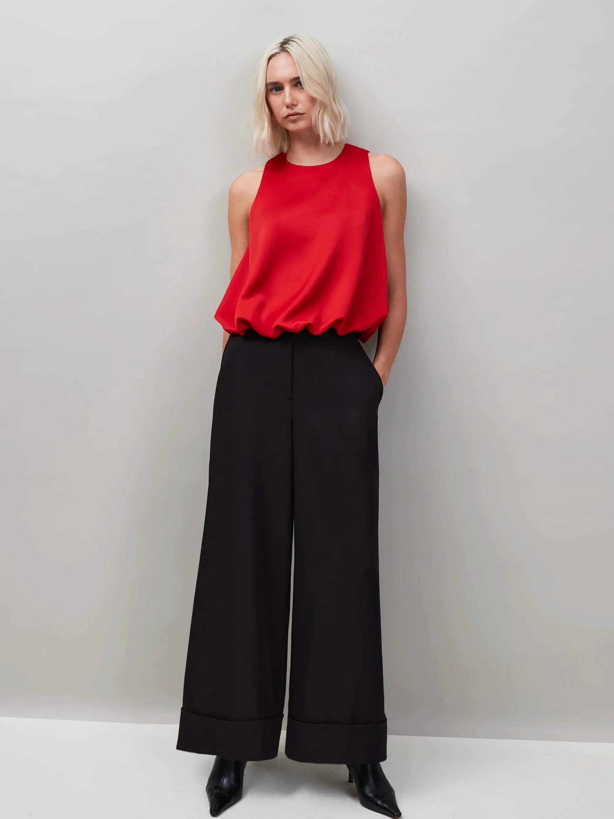 Stretch Knit Fabric Red Bubble Hem Top