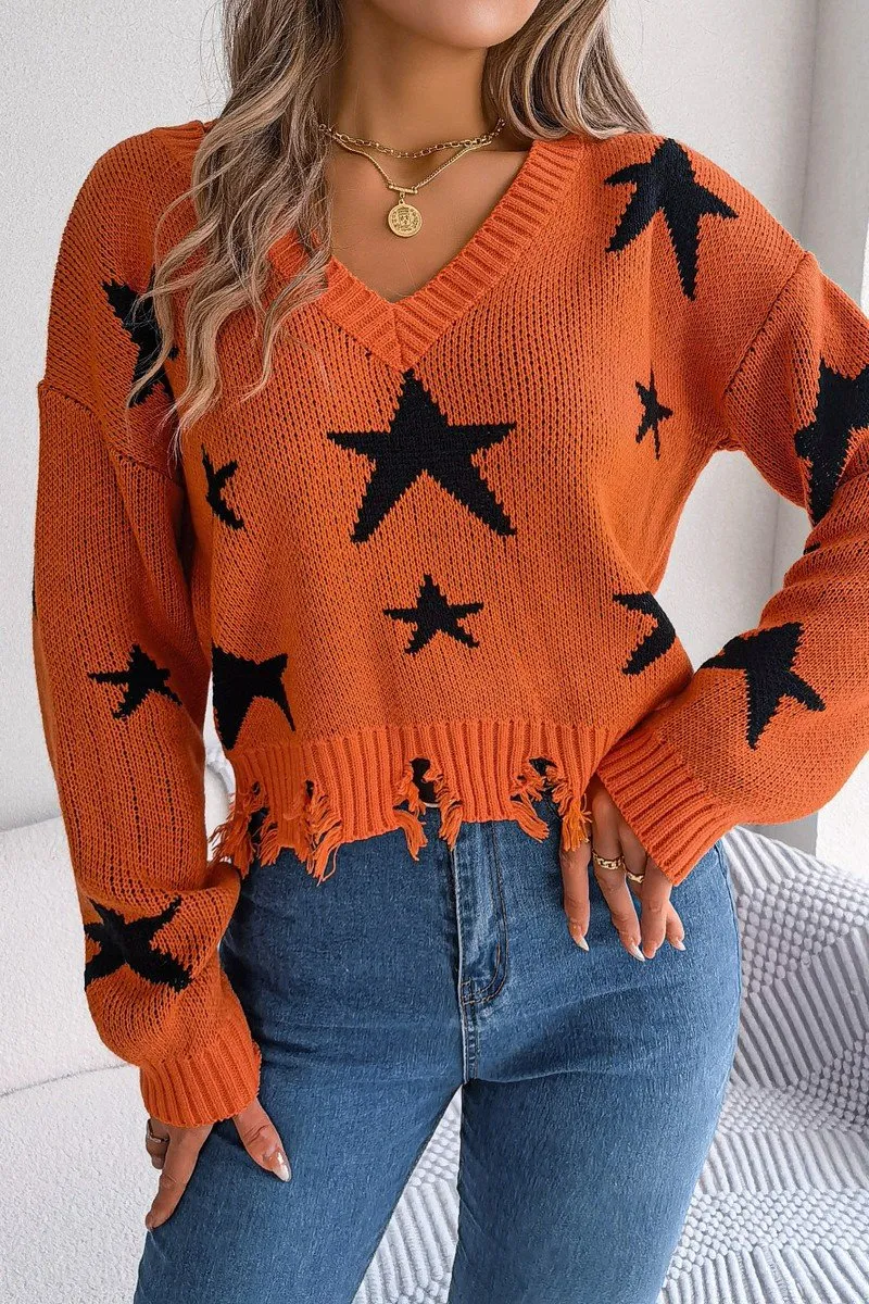 Anti Pilling Finish Quick Wear WOMEN STAR PRINTING DISTRESSED HEM KNIT SWEATER