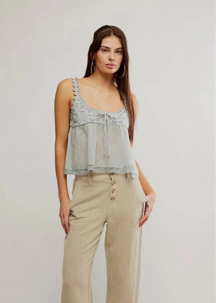 Breathable Knit Fabric Stevie Lace Tank - Pearl Blue