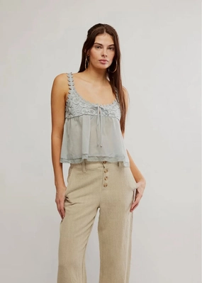 Breathable Knit Fabric Stevie Lace Tank - Pearl Blue