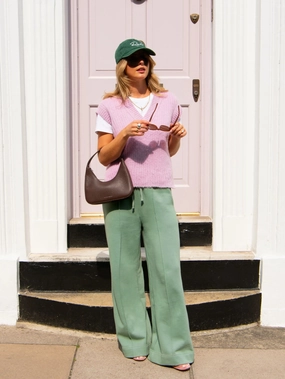 Stretch Knit Fabric Sage-Green Wide-Leg Sweatpants