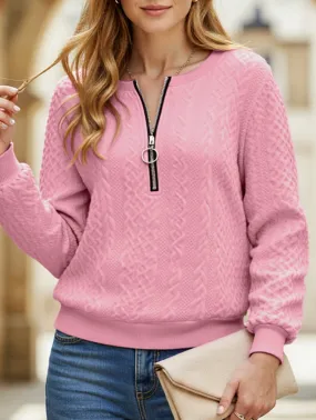 Casual Neckline Zipper Long Sleeve Sweatshirt Ergonomic Cut Weighted Hem Design