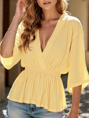 Solid Color Deep V-Neck Loose Waist Blouse ??Casual Boho Long Sleeve Top Casual Wearable Sustainable Fibers