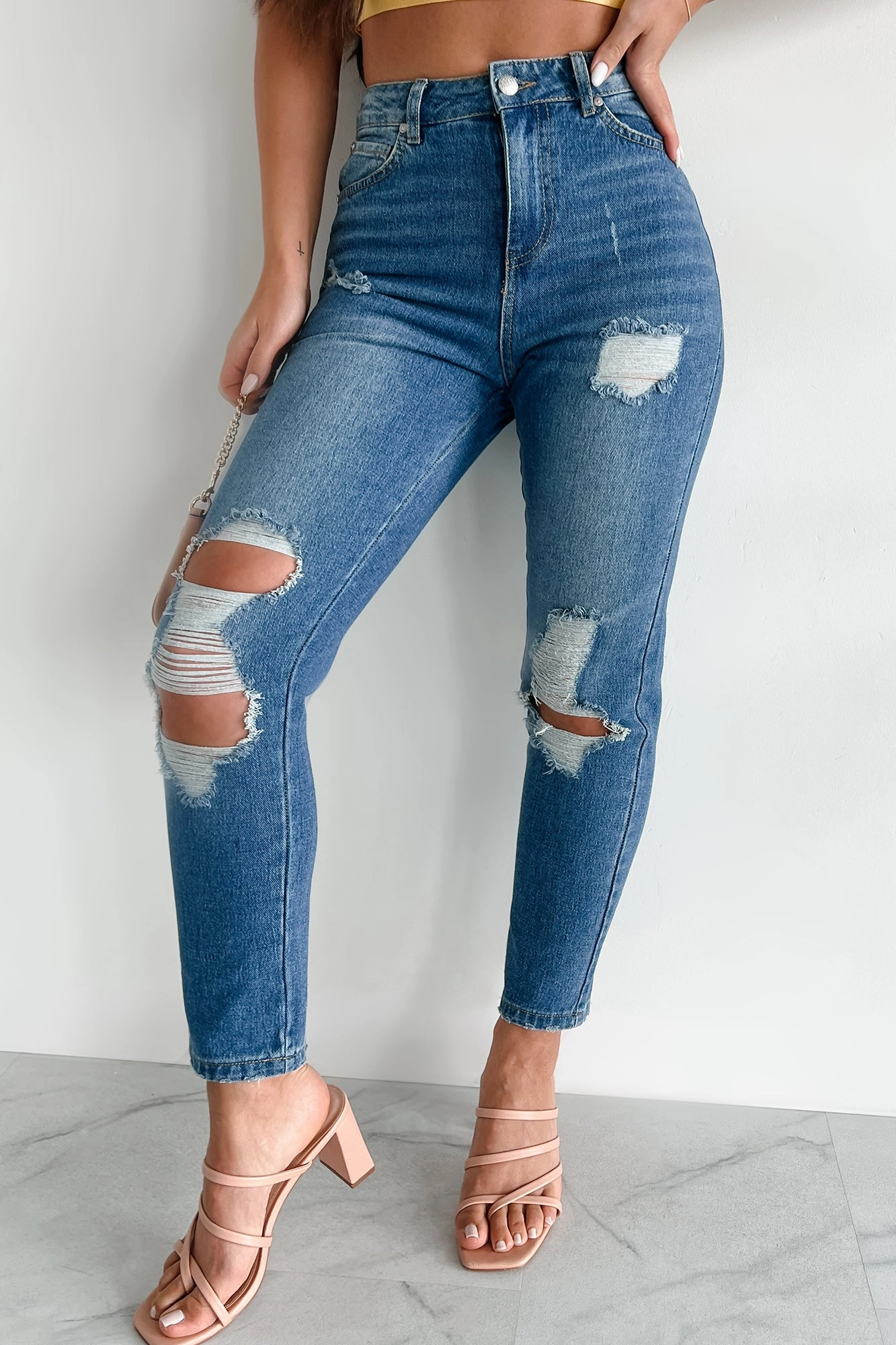 Ariah High Rise Distressed Mom Jeans (Medium Denim) Modern Minimalist Rainy Day