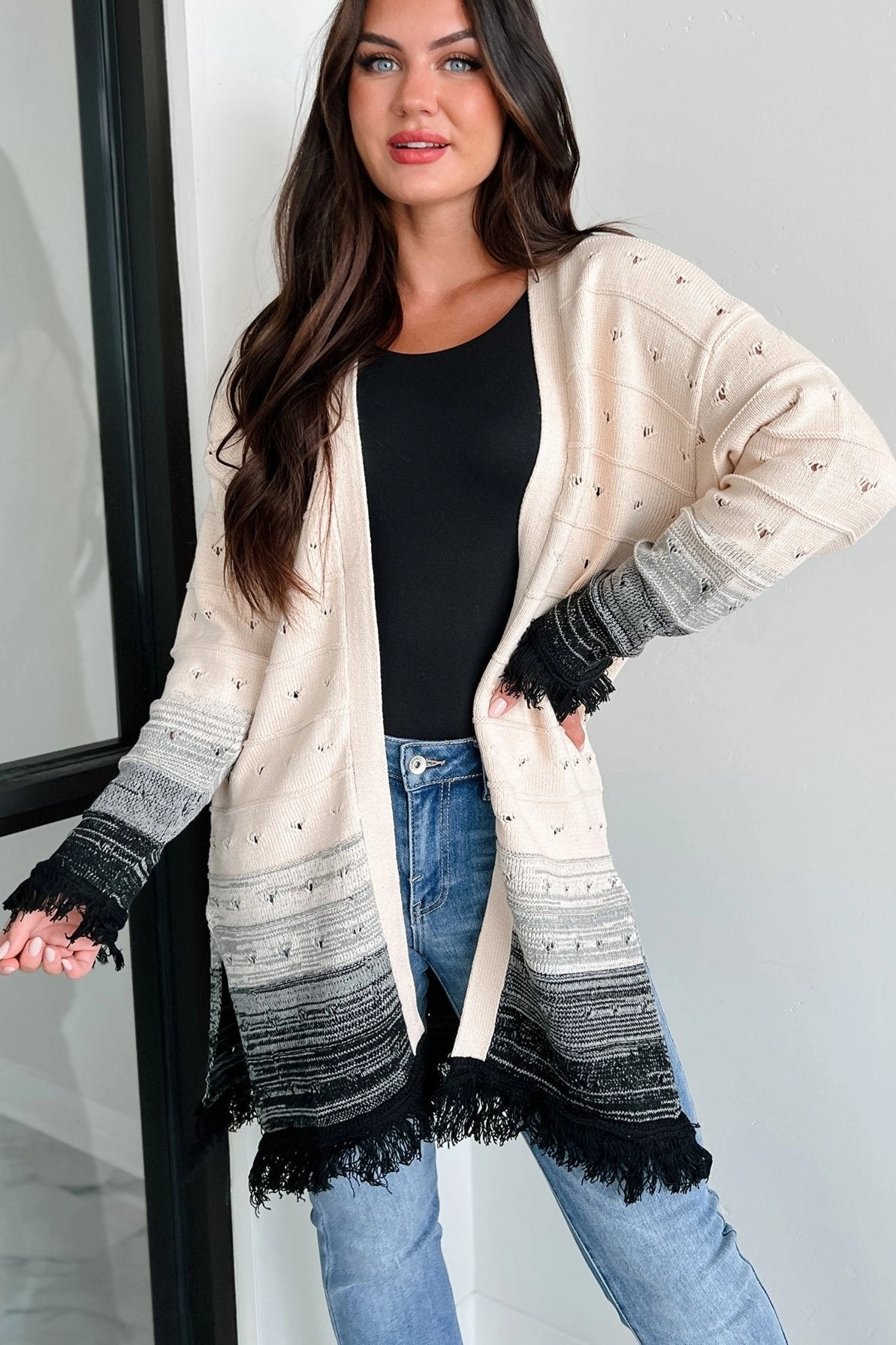 Autumn Weather Ombre Fringe Cardigan (Natural/Black) Ethical Manufacturing Classic Fit