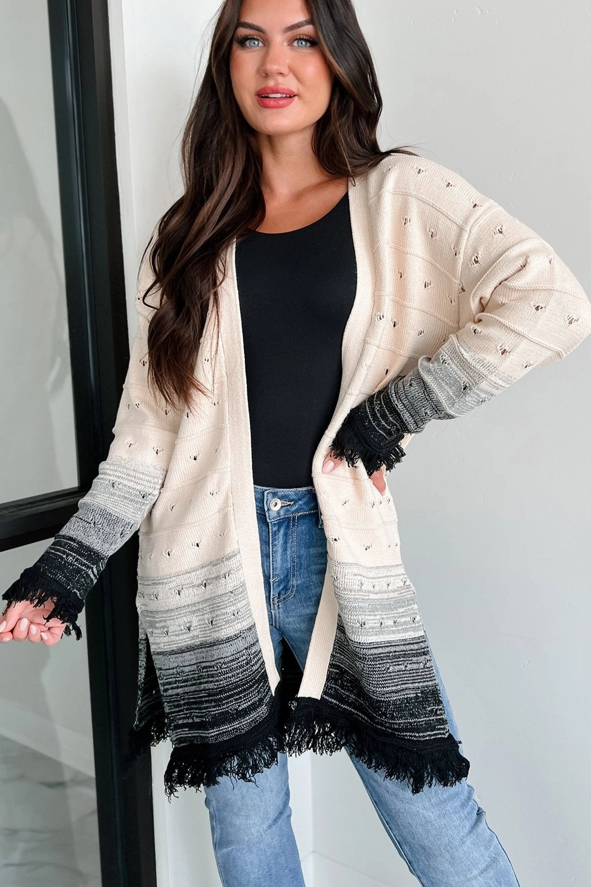 Outdoor Ready Autumn Weather Ombre Fringe Cardigan (Natural/Black)