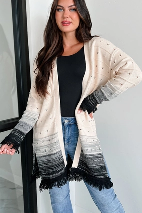 Autumn Weather Ombre Fringe Cardigan (Natural/Black) Layered Collar Modular Attachment System