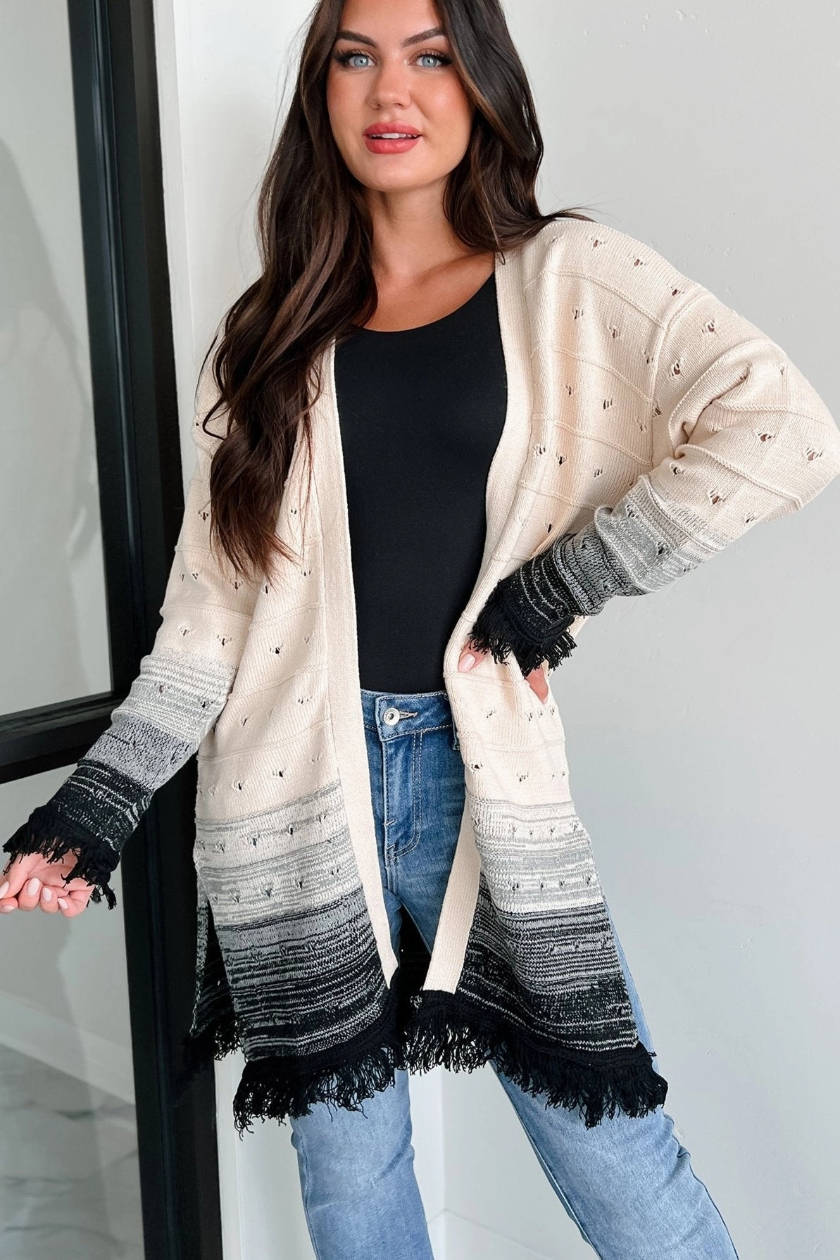 Autumn Weather Ombre Fringe Cardigan (Natural/Black) Compressed Packing Design