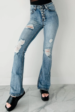 Stretch Minimalist Aysha High Rise Distressed Indigo Reign Flare Jeans (Medium)