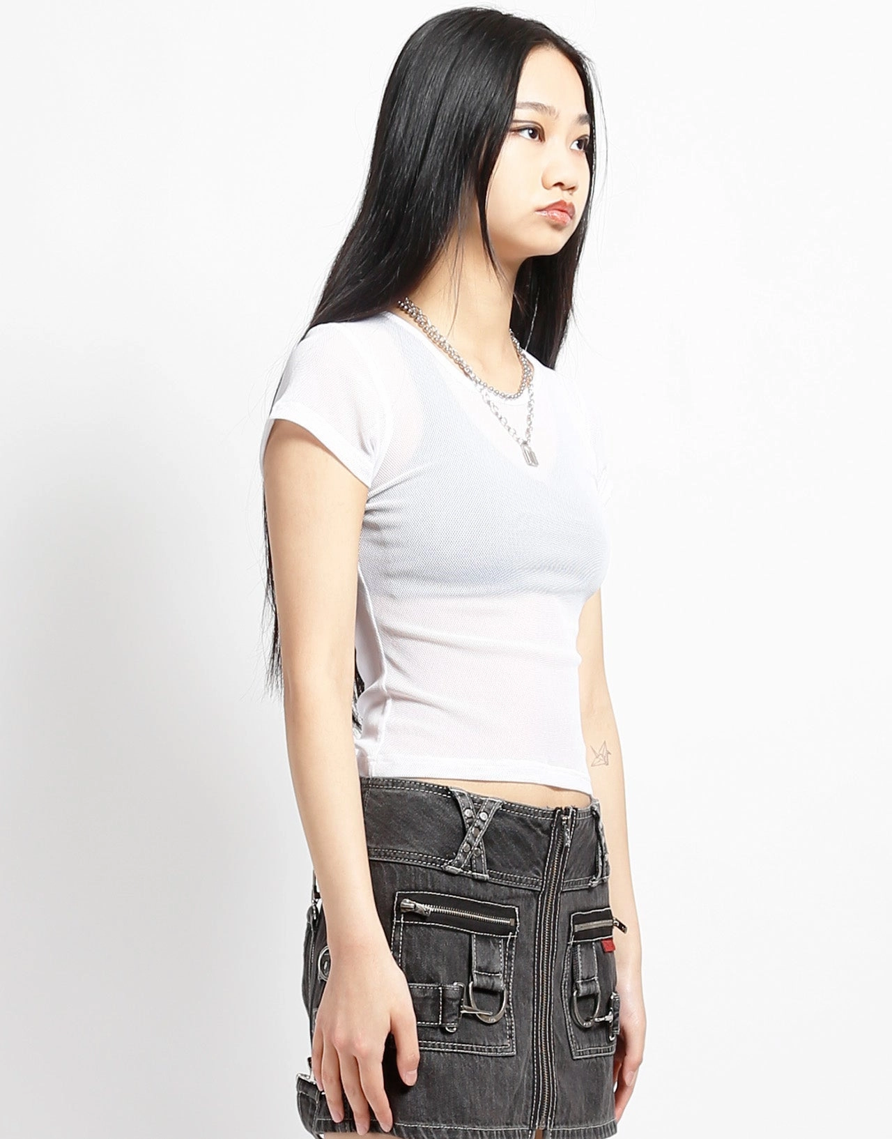 Double Chest Pocket BABY TEE FISHNET WHITE