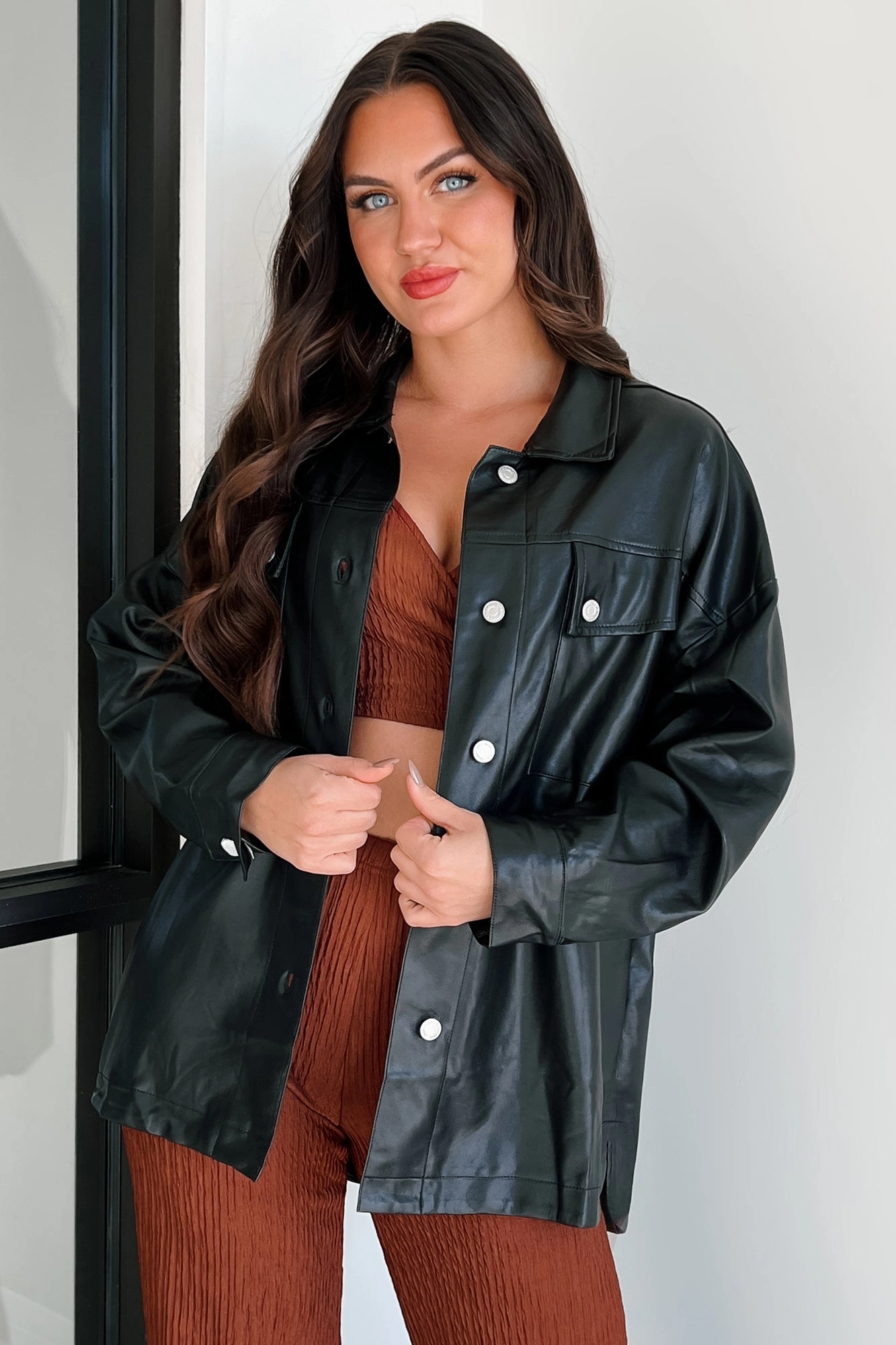 Workday Ready Baddie Alert Faux Leather Shacket (Black)