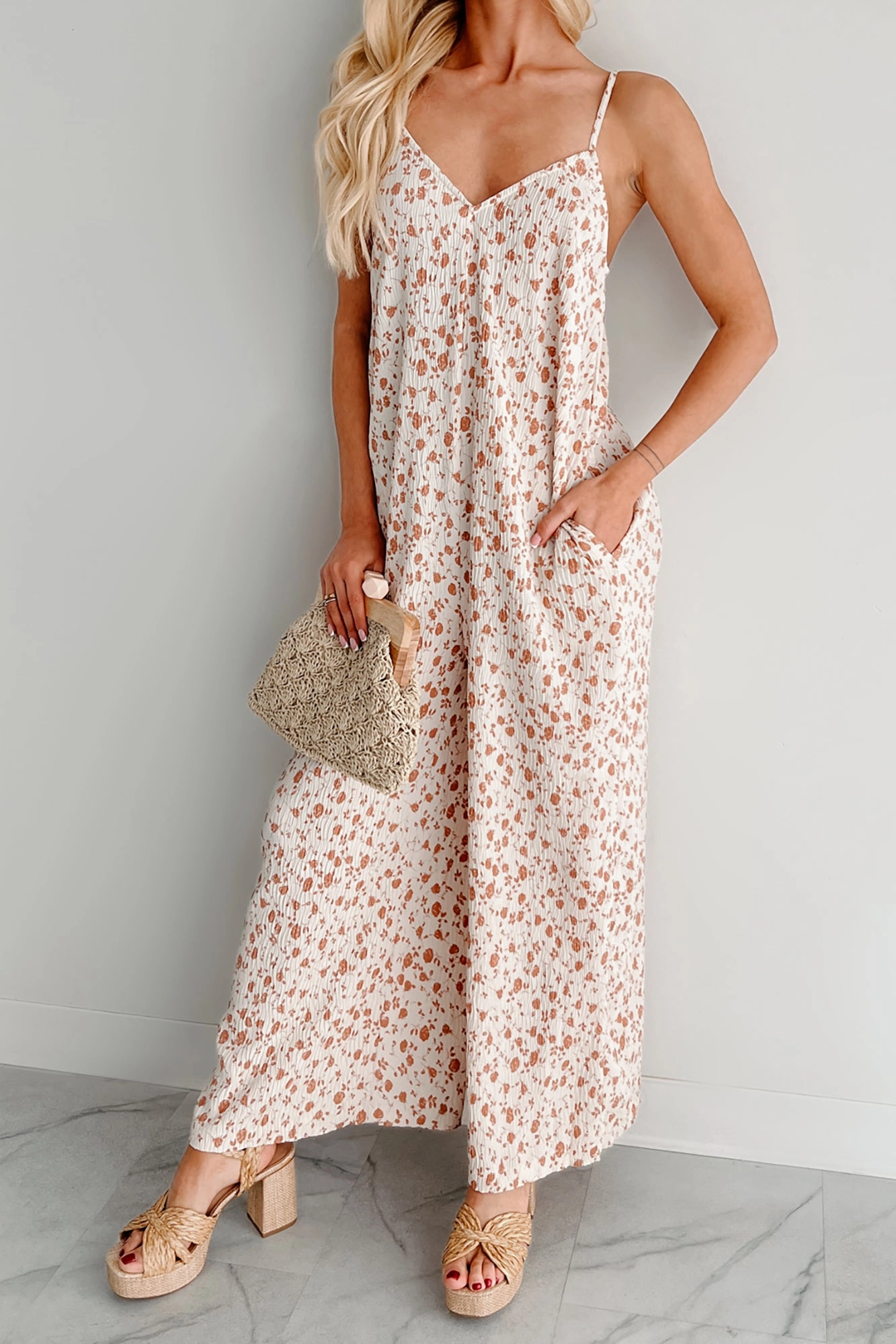 Homebody Heaven Pleated Wide Leg Jumpsuit (Cream Floral) Training Girl