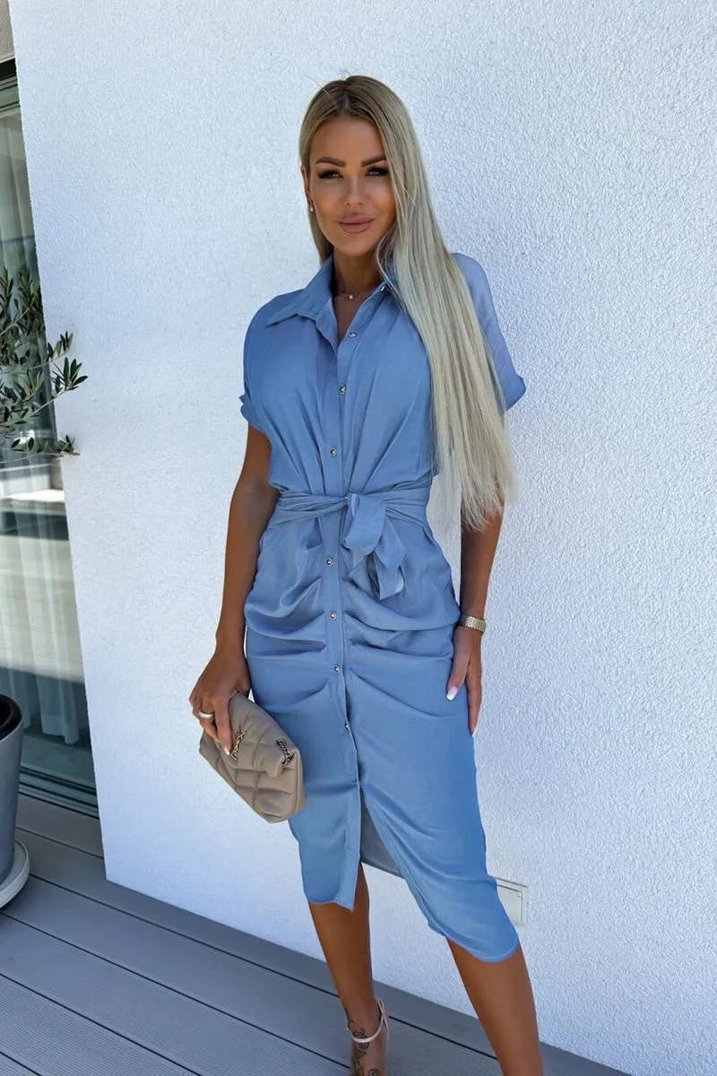 BATWING SLEEVE BELTED SINGLE BREASTED SHIRT DRESS_CWDSD2978 Soft and Lightweight