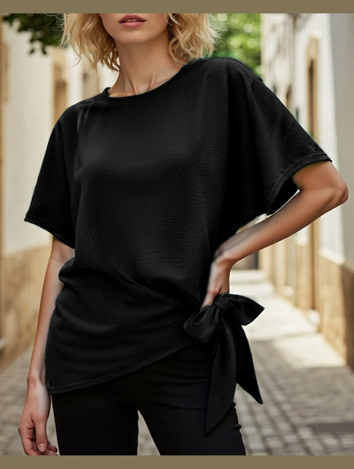 graduation Comfy and Soft BATWING SLEEVED HEM KNOT LOOSE BLOUSE