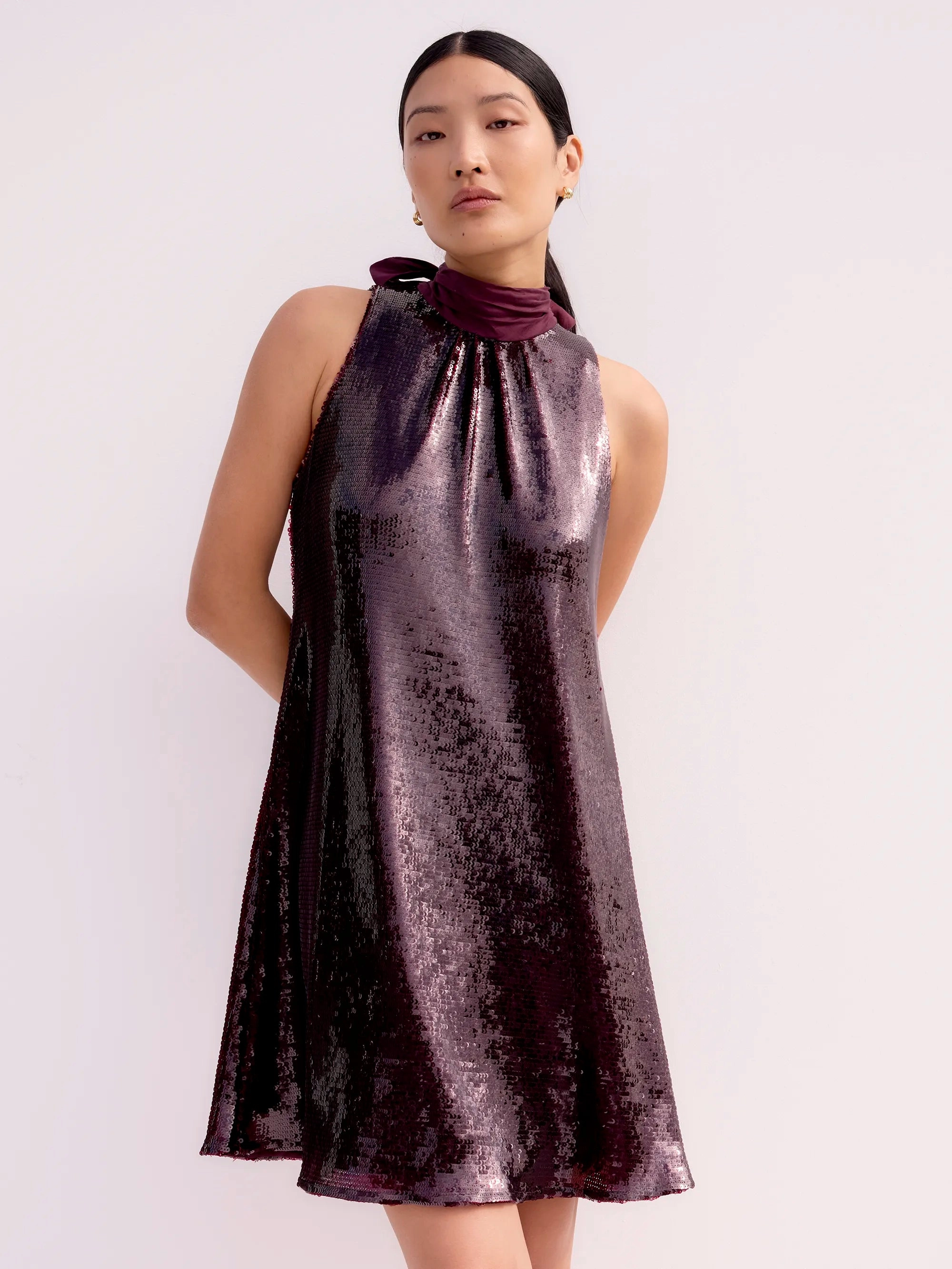 Freya Wine Sequin Halter Neck Dress Slender Look Daily Essential
