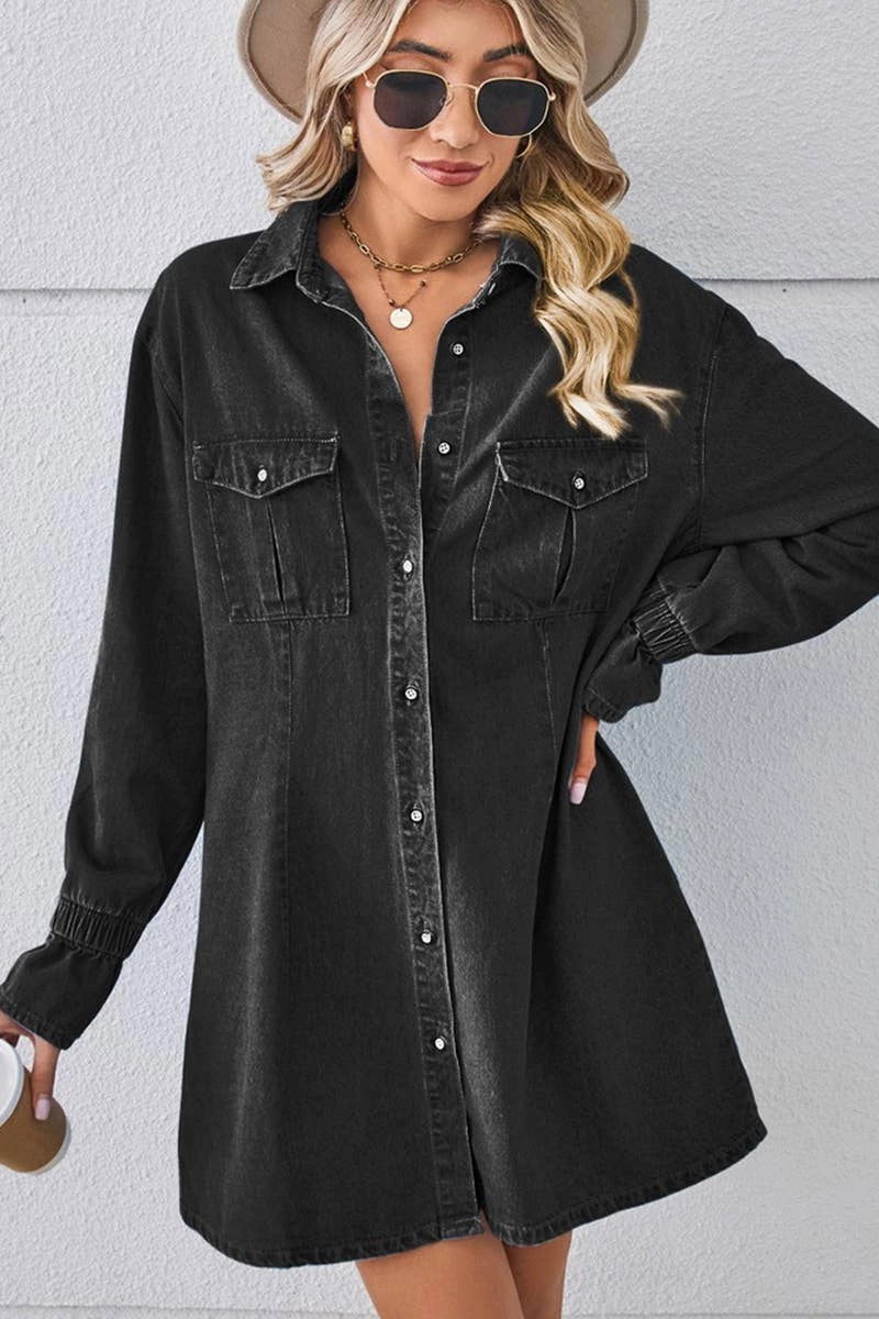 BELL SLEEVE LOOSE CARDIGAN DENIM SHIRT DRESS_CWDSD2576 Work-Ready Look Cool Form
