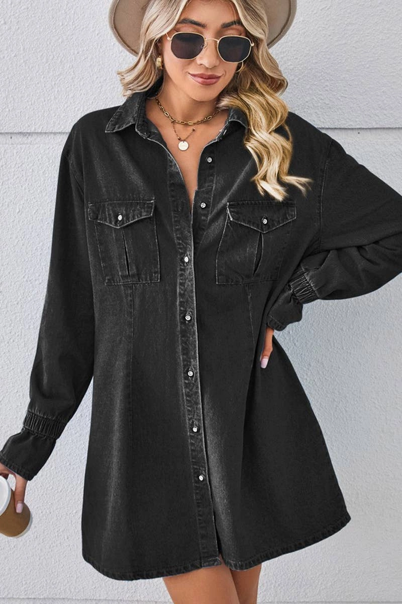 Cinched-Waist BELL SLEEVE LOOSE CARDIGAN DENIM SHIRT DRESS_CWDSD2576