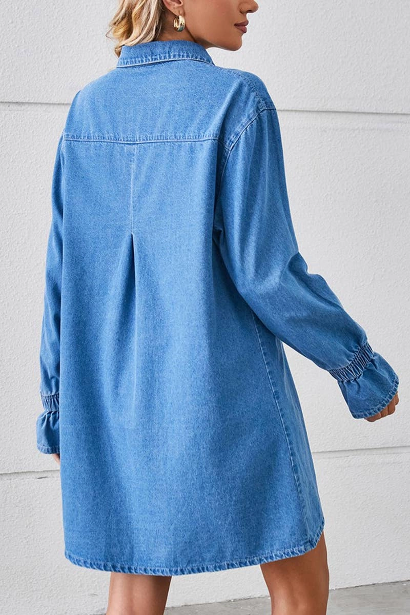 BELL SLEEVE LOOSE CARDIGAN DENIM SHIRT DRESS_CWDSD2576 Subtle Look Pink Glow