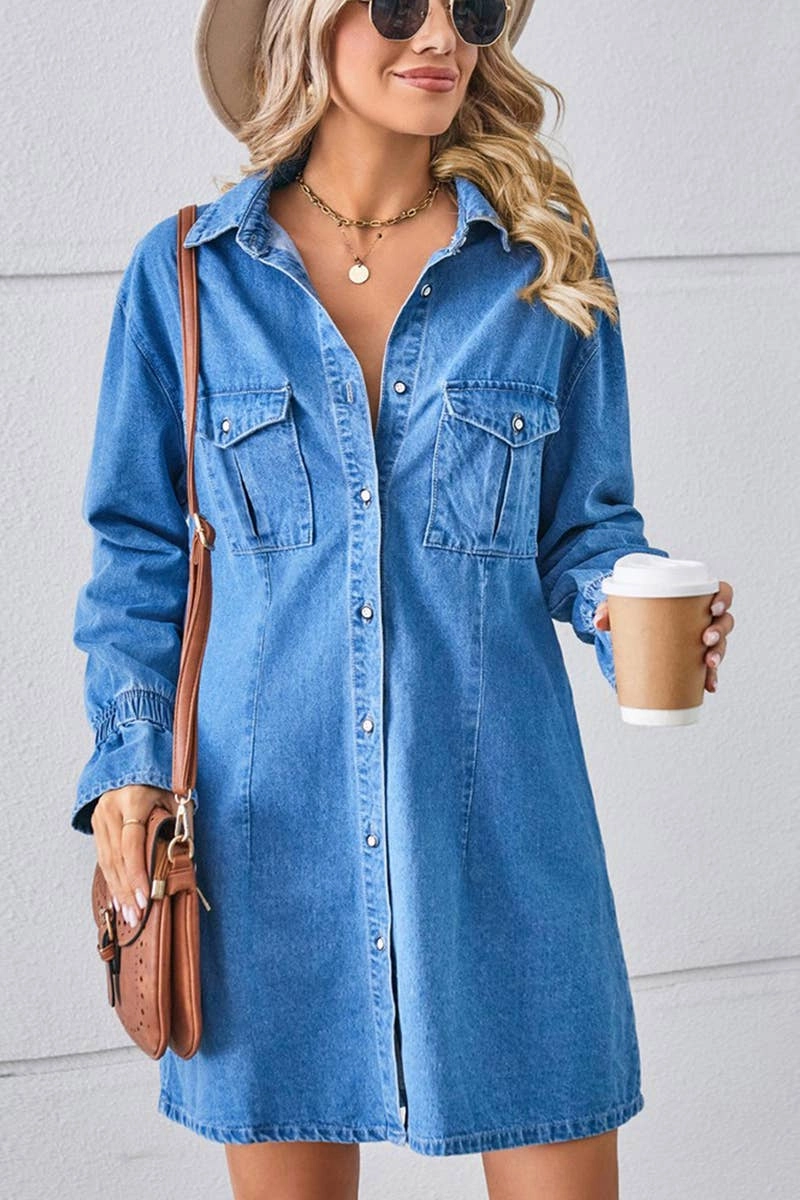 Spring Ready BELL SLEEVE LOOSE CARDIGAN DENIM SHIRT DRESS_CWDSD2576