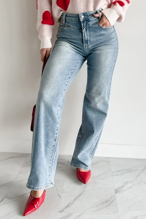 Spring Mood Party Look Classic Urban Casual Benjamin Judy Blue High Waist Wide Leg Jeans (Medium)