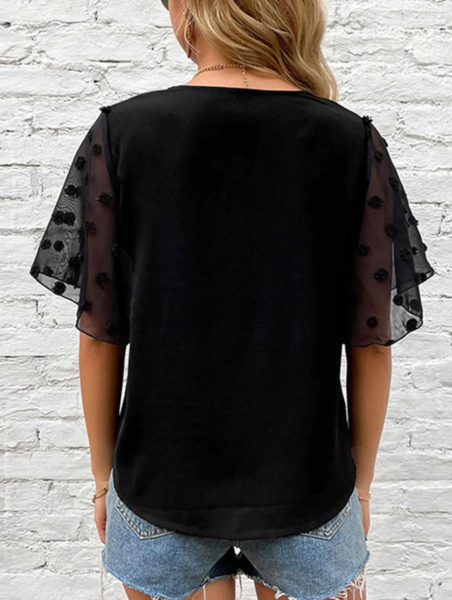 Microfiber Technology BLACK V-NECK GAUZE SEE-THROUGH BLOUSE_CWTBLS0874