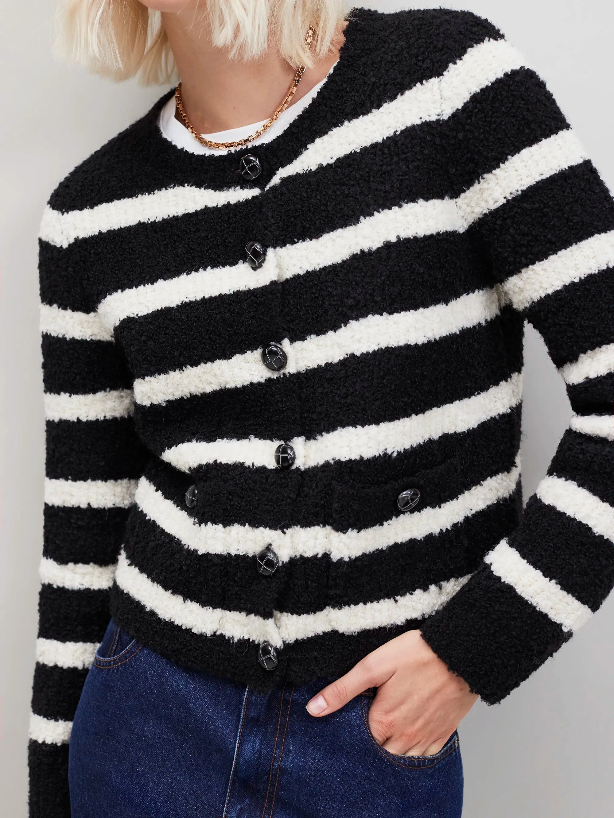 HeatRegulating Low Profile Zipper Black and White Striped Boucl??-Knit Cardigan
