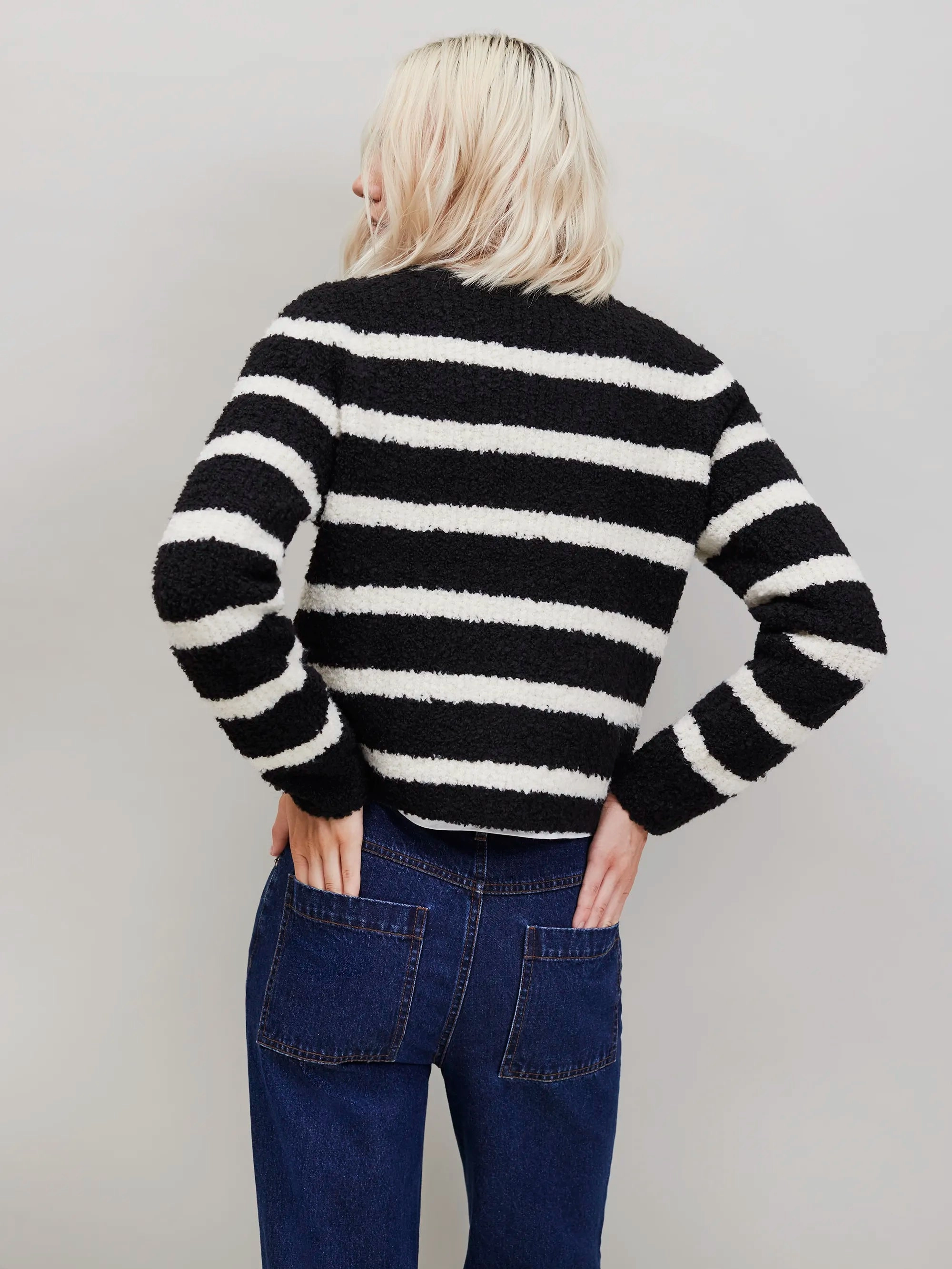 Black and White Striped Boucl??-Knit Cardigan Ethically Sourced Material Double Chest Pocket