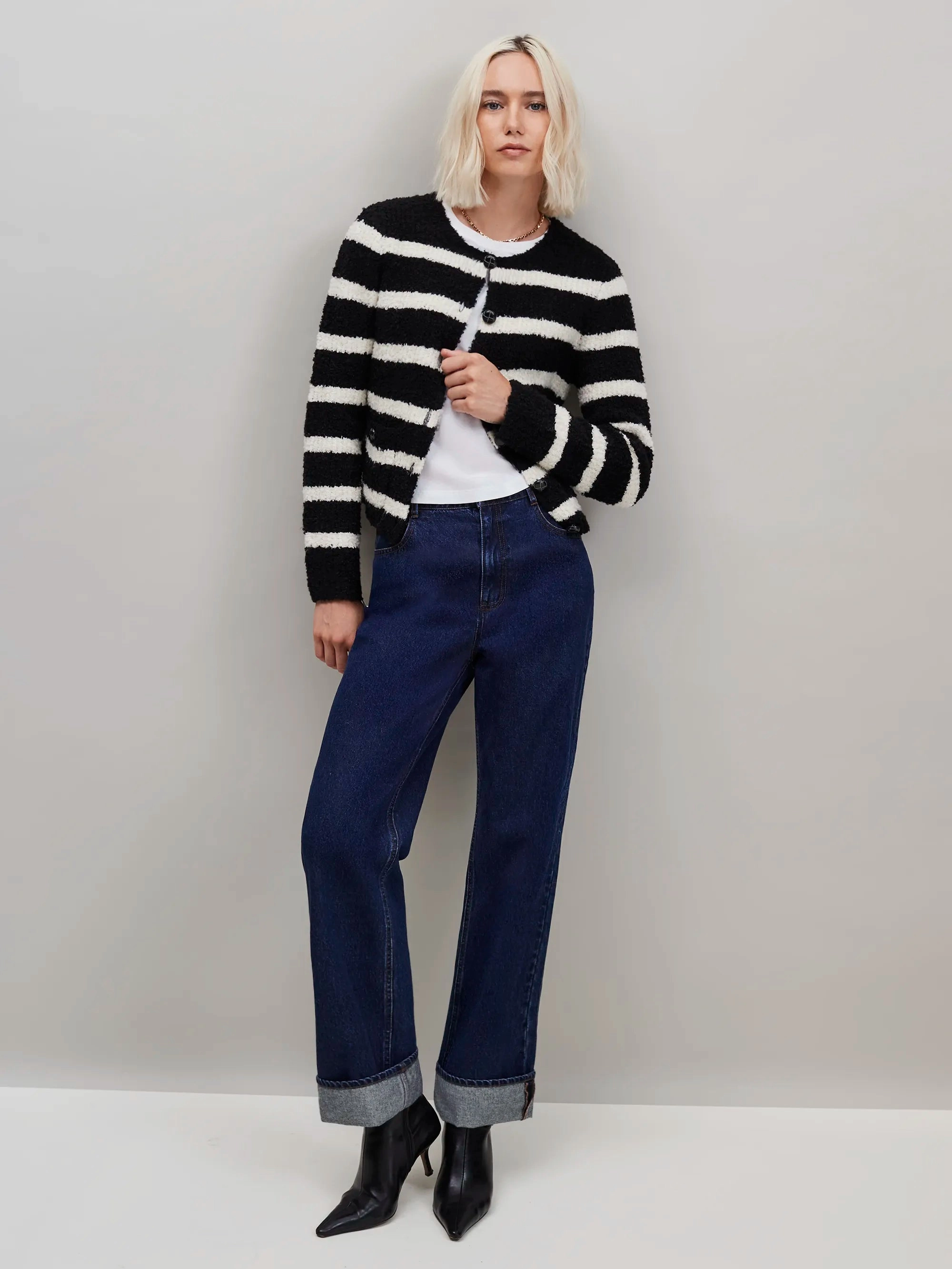 Black and White Striped Boucl??-Knit Cardigan TwillWeave