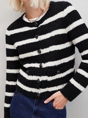 HeatRegulating Low Profile Zipper Black and White Striped Boucl??-Knit Cardigan