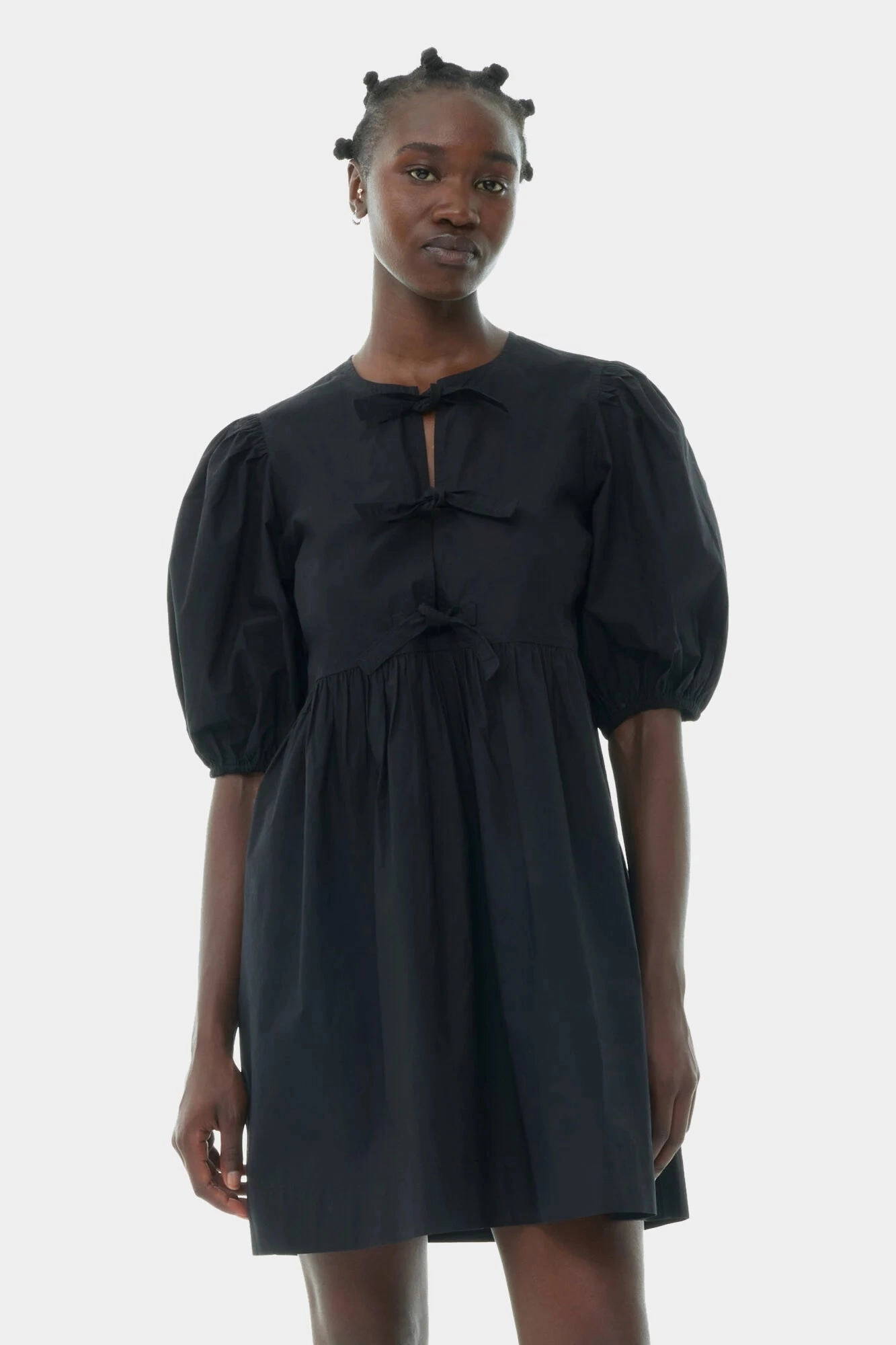 Black Cotton Poplin Tie String Mini Dress All-Day Comfort Wear