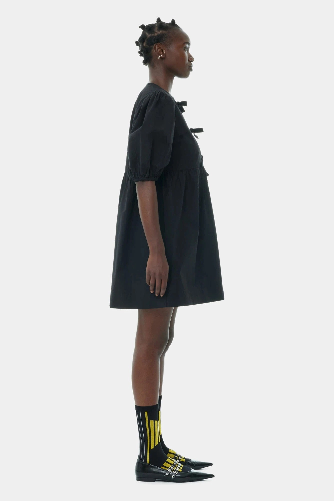 Casual Layering Nature Glow Black Cotton Poplin Tie String Mini Dress