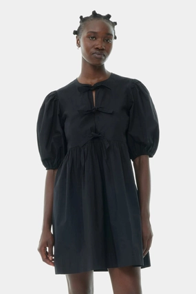 Black Cotton Poplin Tie String Mini Dress All-Day Comfort Wear