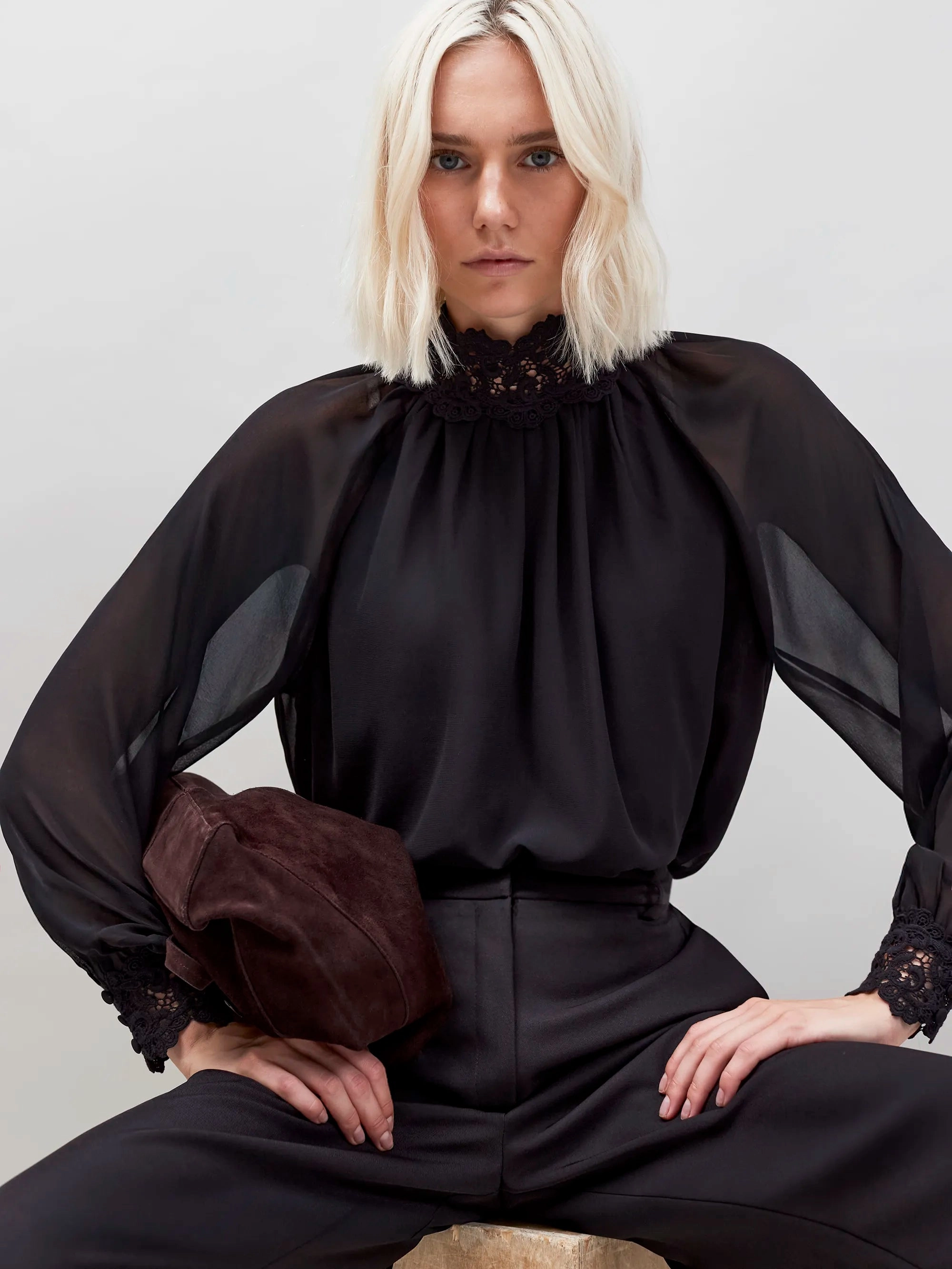 Black Lace Neck And Cuff Blouse SweatGuard Lining ContrastStitching